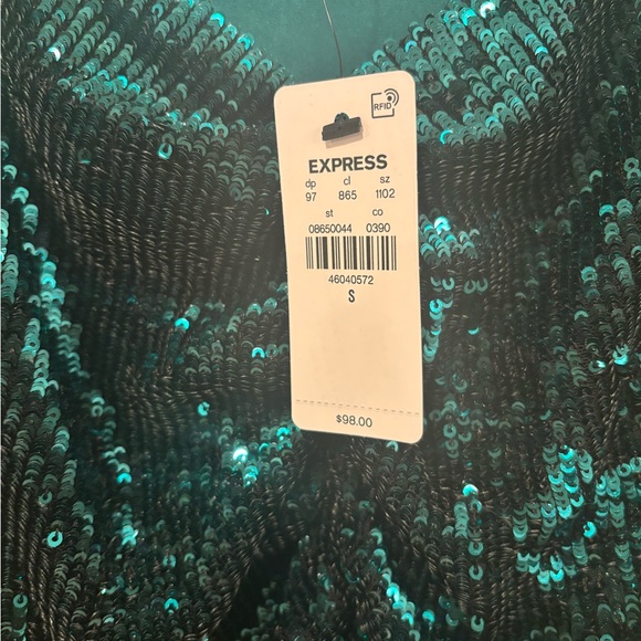 Express Sequin Sweetheart Neckline Puff Sleeve Ruched Front Top in Deep Teal, S - Picture 6 of 7